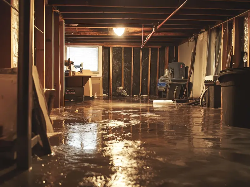 Flooded basement with water covering the floor and exposed wooden beams on the ceiling.