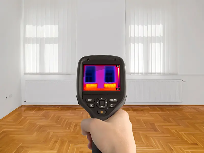 Hand holding thermal camera showing heat patterns on a radiator in an empty room.