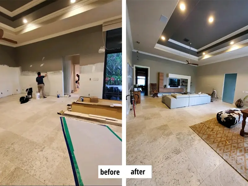Living room before and after renovation, showing empty space with painting in progress and fully furnished modern interior.