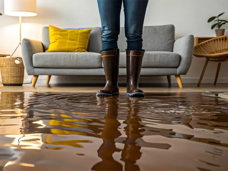 Person wearing rain boots standing in a flooded living room with water covering the floor.