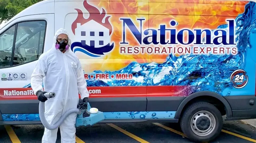 Person in protective suit and mask holding equipment stands next to a National Restoration Experts van.